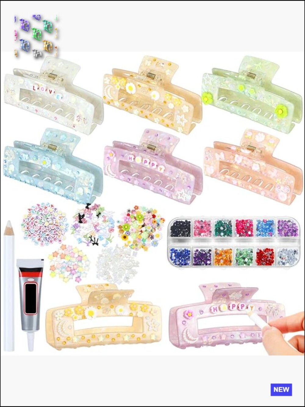 6-Piece DIY Hair Claw Clip Kit Acrylic Barrettes with Rhinestones Pearls Craft